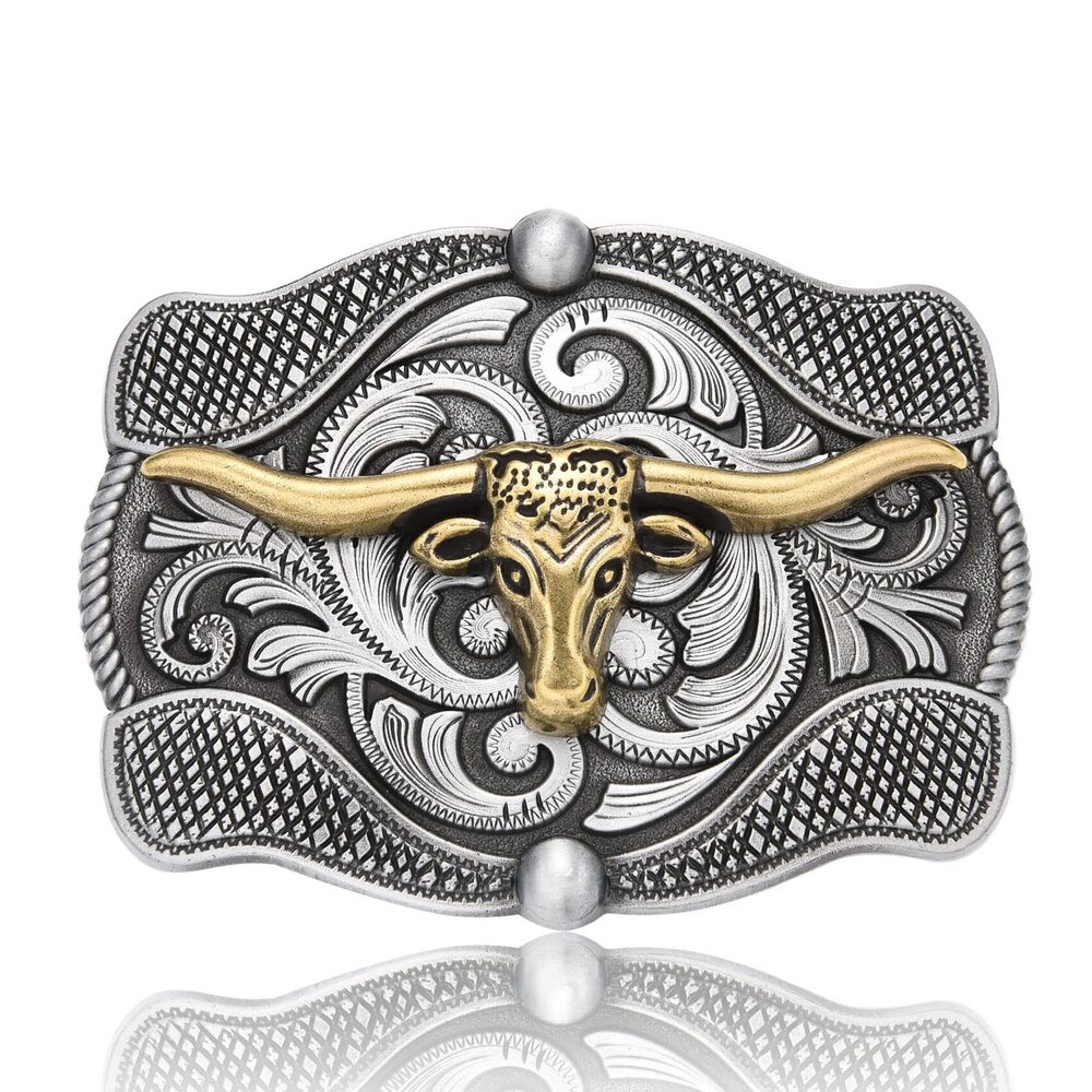 6281 Longhorn Bull Western Belt Buckle , Cowboy Long Horn Floral Engraved